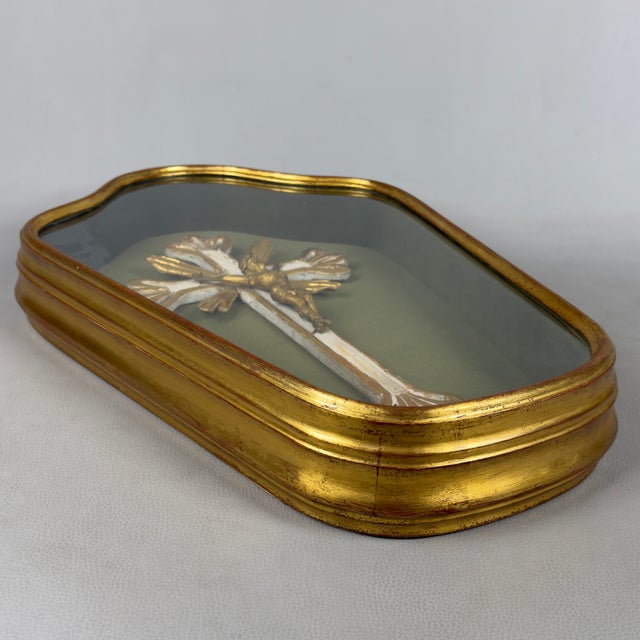 Antique Wooden Crucifix in Gilded Glass Case with Green Velvet, 1930s For Sale - Image 4 of 12