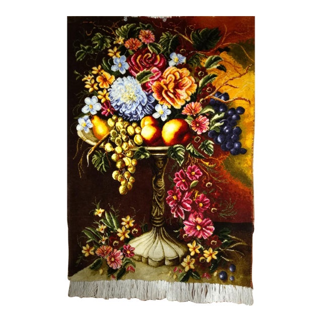 Vintage Persian Tabriz Pictorial Rug, Hand-Knotted Wool & Silk, Fruit & Flowers, Red & Yellow, 2x3 For Sale