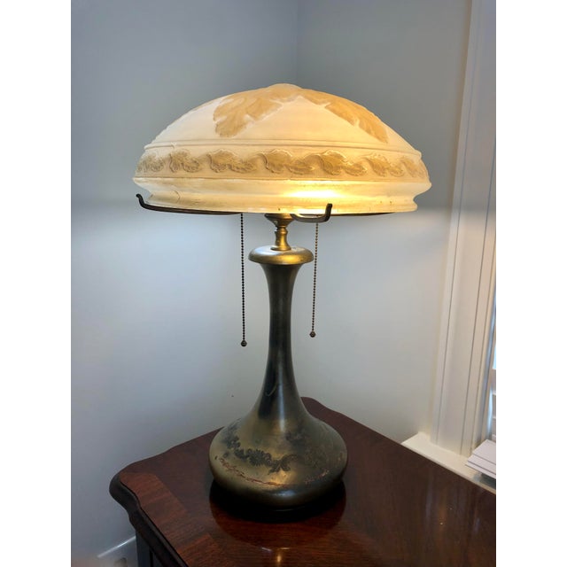 Art Deco Pairpoint Glassworks / Pairpoint Mfg Co. 2-Light Bronze Lamp With Embossed Glass Dome Shade, 1910, C3020 For Sale - Image 3 of 13