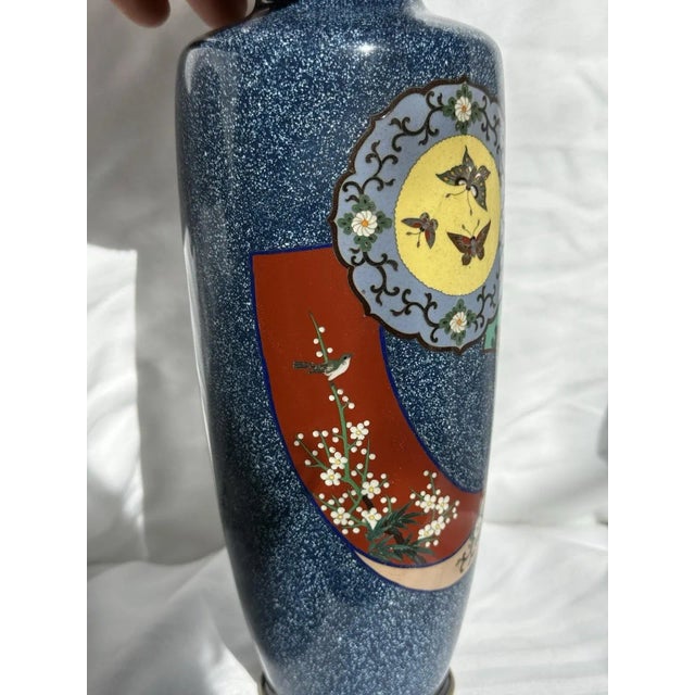 Paint 20th Century Japanese Cloisonne Enamel Vase Speckled Blue Ground Butterflies Floral Motifs For Sale - Image 7 of 15