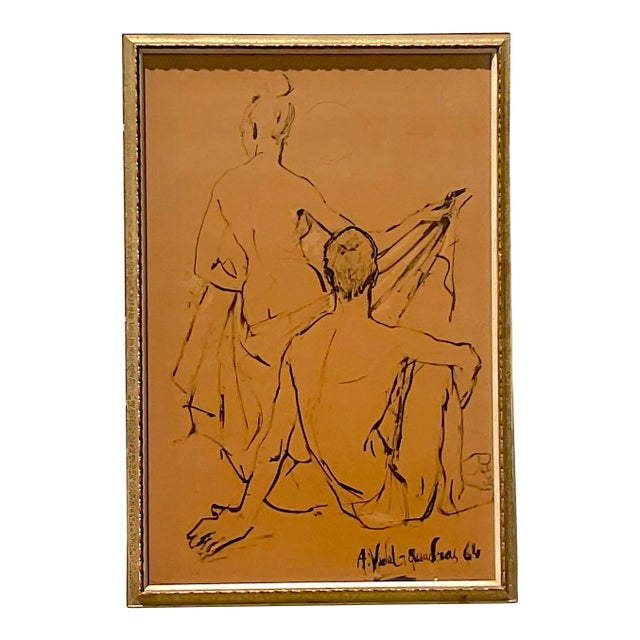 Vintage Boho Original Sketch on Paper For Sale