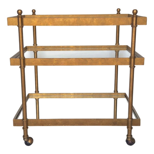 French Modern Brass & Glass Bar Cart with Mirrored Bottom Shelf, Circa 1970s For Sale