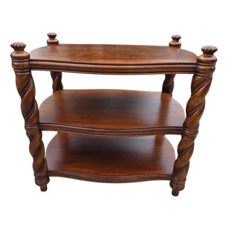 1990s Thomasville British Gentry End Table Burlwood Top End Table 3 Tier Barley Twist For Sale