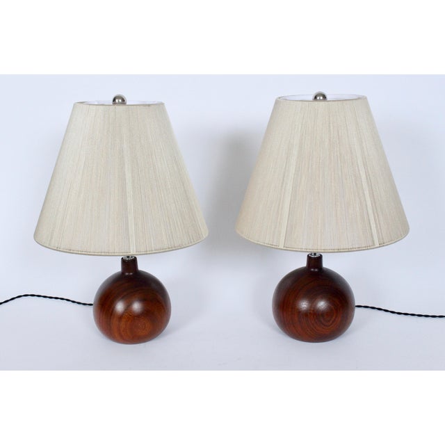 1970's Solid Staved Deep Teak "Onion" Table Lamps - A Pair For Sale - Image 9 of 13