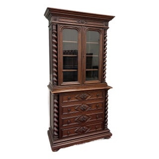 Antique French Bookcase & Chest of Drawers Display Cabinet Barley Twist Oak For Sale