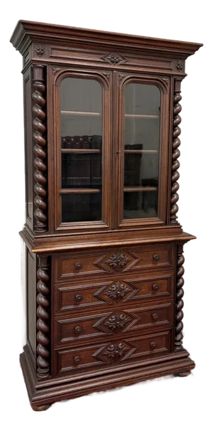 Antique French Bookcase & Chest of Drawers Display Cabinet Barley Twist Oak