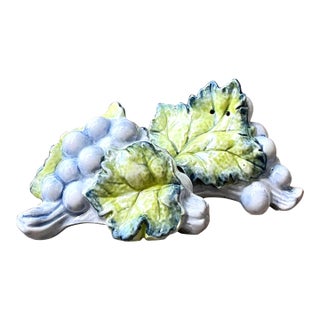 Vintage Glazed Ceramic Grape Leaf Salt and Pepper For Sale