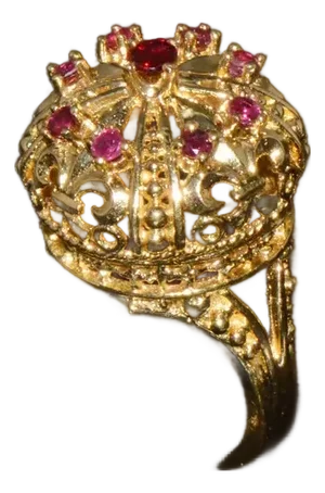 Vintage Franklin Mint Natural Ruby 18K 750 Solid Gold Etruscan Crown Dome Ring, size 5.75