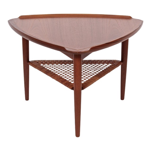 Poul Jensen for Selig Teak and Woven Cane Tripod Table, 1960's For Sale