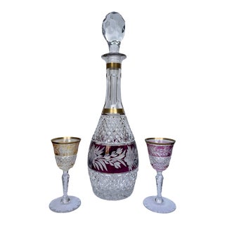 Vintage Bohemian Hand-Blown Czech Crystal Cranberry Glassware- Set of 3 For Sale