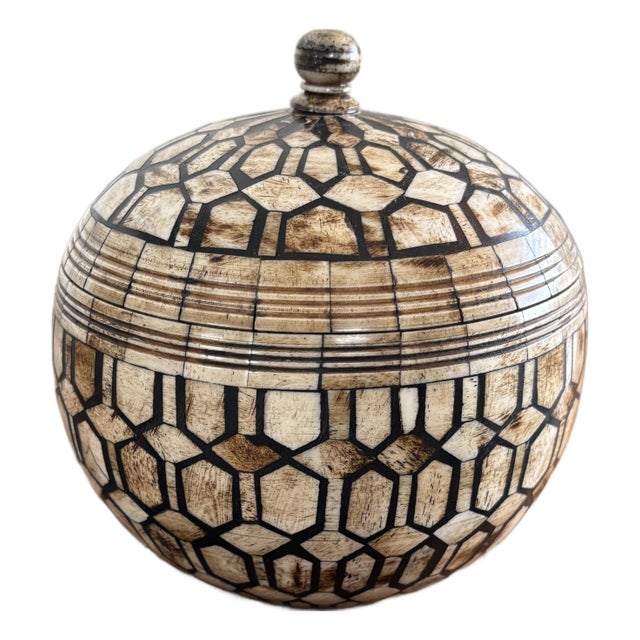 Maitland-Smith Tessellated Bone Spherical Lidded Trinket Box For Sale