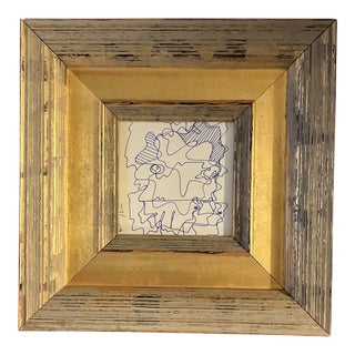 1980’s Original Small Wayne Cunningham Abstract Ink Drawing Chunky Gold Frame For Sale