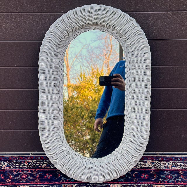 Vintage Petite White Painted Woven Wicker Rattan Framed Oval Mirror For Sale - Image 11 of 11
