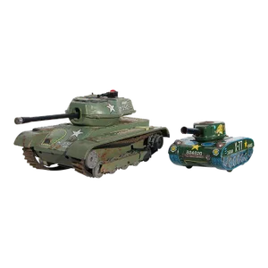Vintage Set of Two Tin Toys: Large Tank Army M-3512 and Jaguar X-77 Tank, Japanese