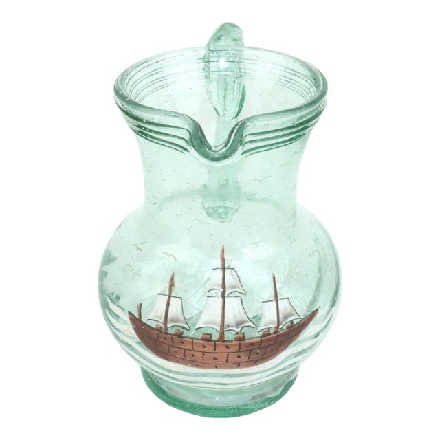 Vintage Hand Blown Glass Bar Pitcher With Painted Ship & Nautical Motif For Sale