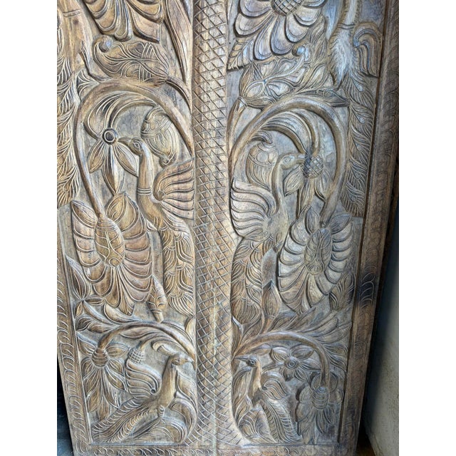1920s Hand-Carved Tree of Life Wood Door Panel With Birds & Sunflowers | Rustic Architectural Wall 84x36 For Sale - Image 5 of 7