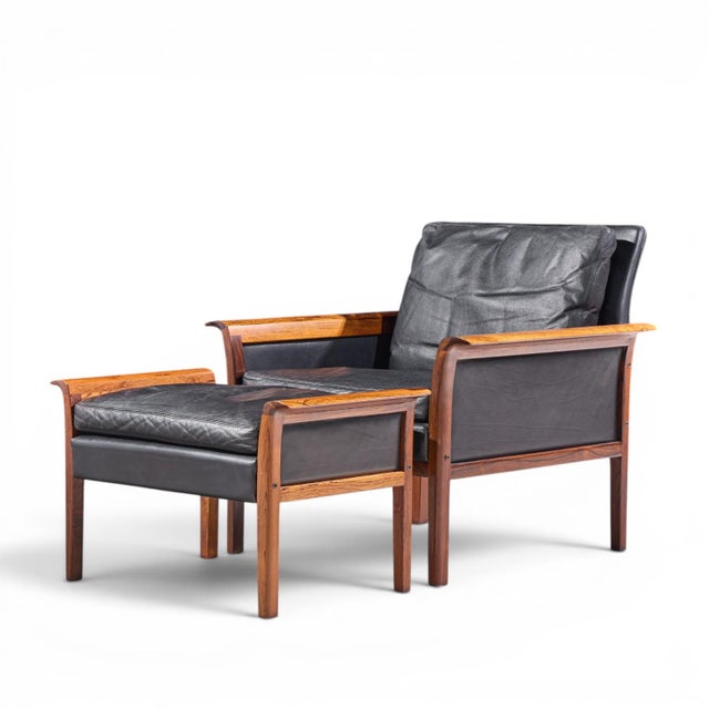 Knut Saeter for Vatne Møbler Mid Century Norwegian Rosewood and Leather Lounge Chairs - Pair With Ottoman For Sale In Chicago - Image 6 of 12
