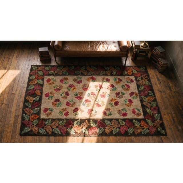 Textile 1900s Ivory Brown Foliate Antique American Hooked Rug 6' 0'' X 8' 10'' Handknotted Wool Carpet For Sale - Image 7 of 9