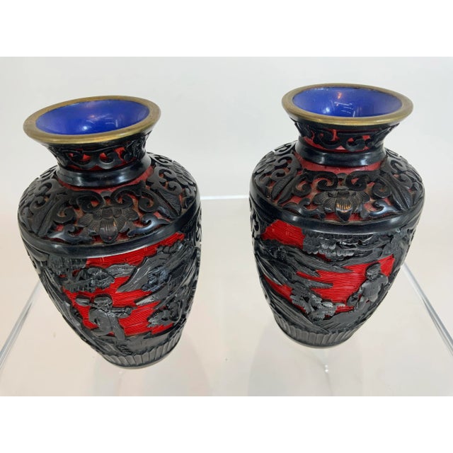 Chinese Pair of Miniature Black and Red Cinnabar Vases For Sale - Image 3 of 11