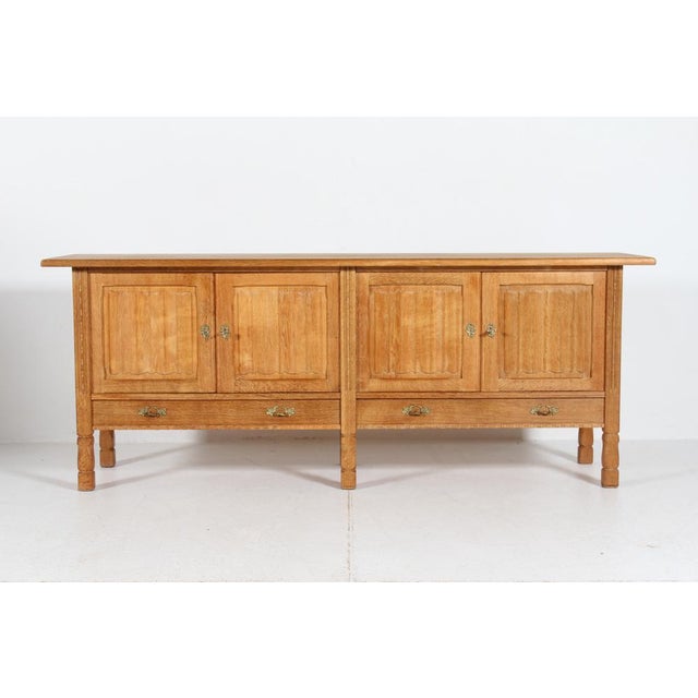 Long Brutalist Danish Oak Sideboard with 4 Doors attributed to Henning Kjærnulf, 1970s For Sale - Image 6 of 18