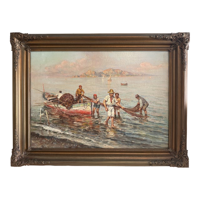 Early 20th Century Giuseppe Giardiello (Italia 1870-1920) Antique Oil Painting Fishermen Seascape For Sale