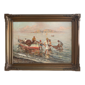 Early 20th Century Giuseppe Giardiello (Italia 1870-1920) Antique Oil Painting Fishermen Seascape