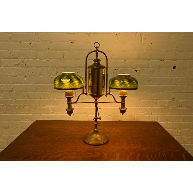 Antique Tiffany Studios Style Brass Double Arm Student Lamp, Circa 1910 For Sale - Image 11 of 12