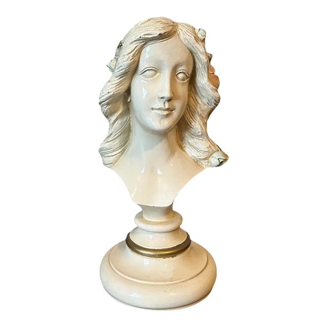 Vintage Art Nouveau Carved Wood Bust Sculpture of Lady W/Flower in Hair For Sale