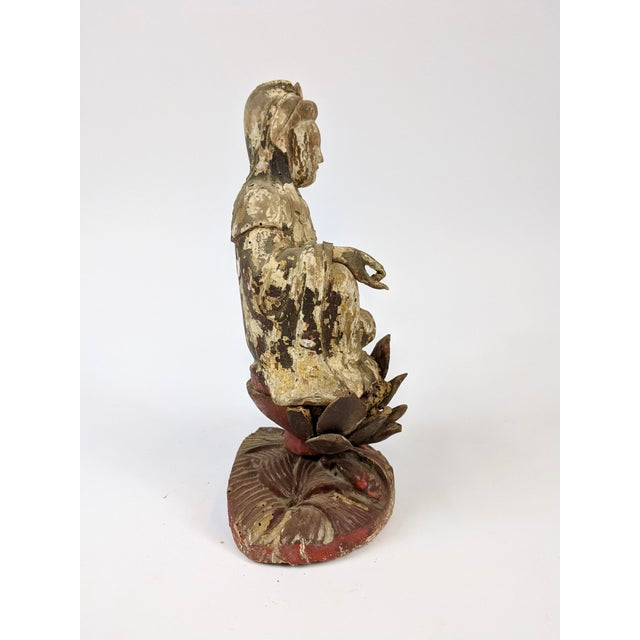 Chinese Mid 18th Century Carved Goddess of Mercy on Lotus Stand For Sale - Image 3 of 6