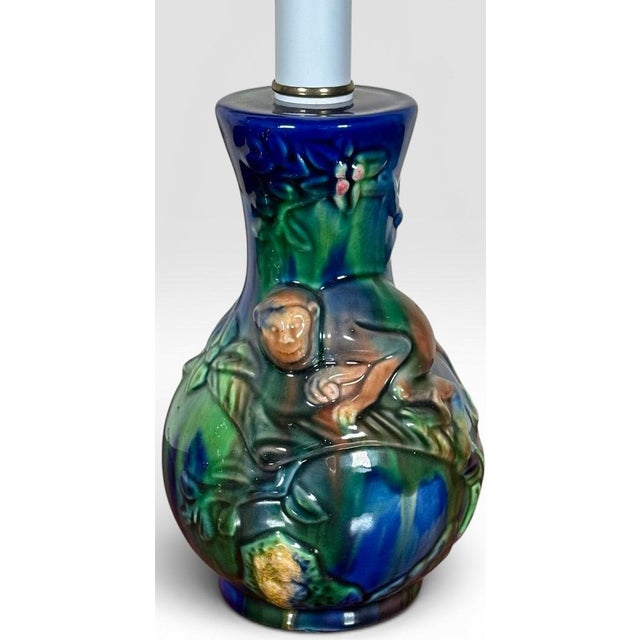 Vintage Majolica Style Glazed Ceramic Monkey Table Lamps - A Pair For Sale - Image 12 of 15