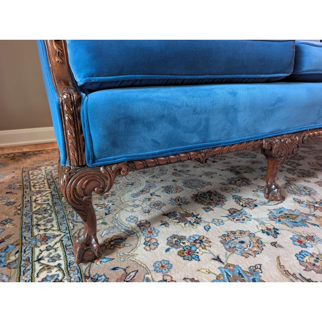 Wood Restored Vintage Chippendale Style Camelback Sofa in Blue Velvet For Sale - Image 7 of 18