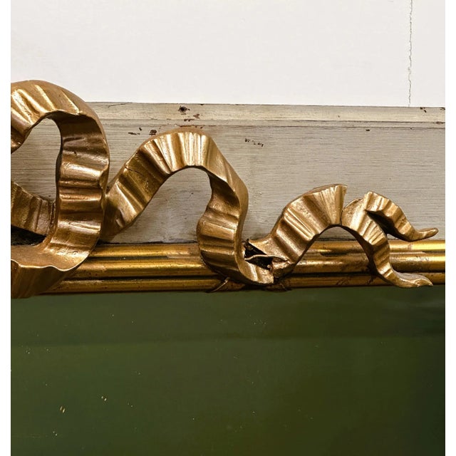 Gold French Neoclassical Painted Mirror with Gilt Ribbon Crest For Sale - Image 8 of 11