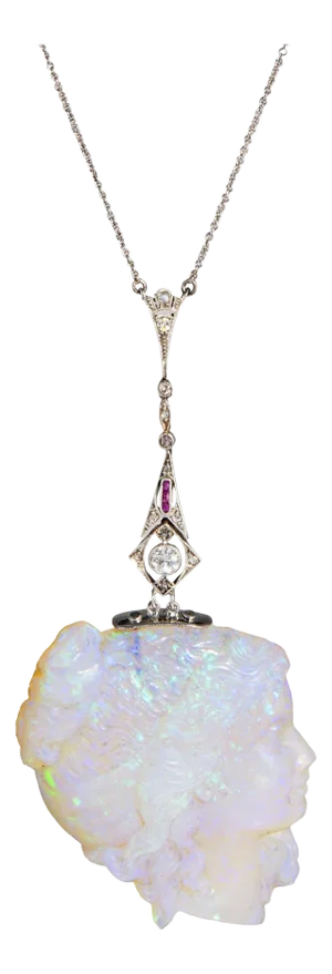 1910s Antique Edwardian Carved Opal Cameo Necklace Platinum Diamond 15" Choker