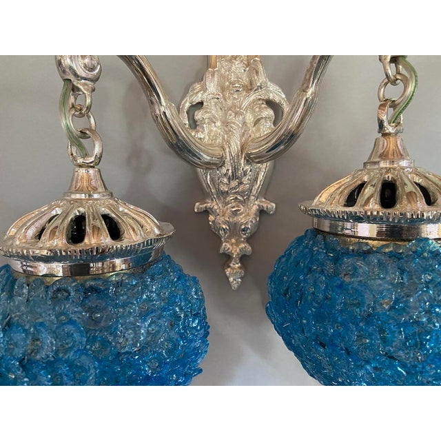 1990s French Louis XVI Silver Bronze Blue Crystal Wall Lamps / Sconces – Pair For Sale - Image 11 of 13