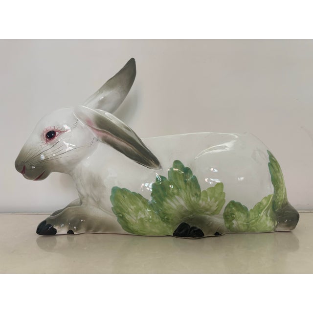 1980s Large Italian Ceramic Rabbit With Cabbage Planter Cachepot For Sale - Image 10 of 10