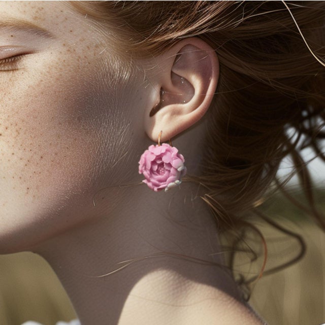 Agate Peony Large Earrings 14k Gold Hook, A Pair For Sale - Image 9 of 9