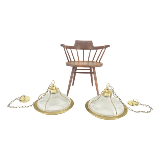 Pair of Round Brass Ribbed Glass Long Chain Light Fixture Pendants MCM For Sale