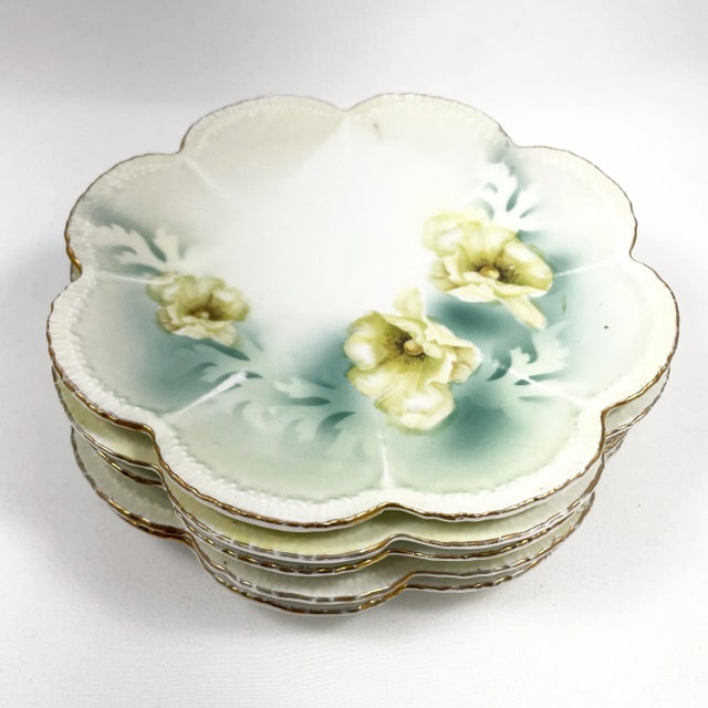 Reinhold Schlegelmilch German Porcelain Flower Plates – Set of 5. Blue yellow and white with gold leaf trim. Stamped "RS...
