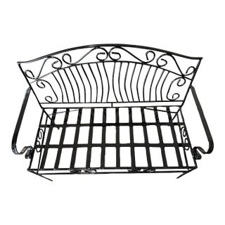 Vintage French Provincial Style Wrought Iron Garden Bench in Glossy Black For Sale