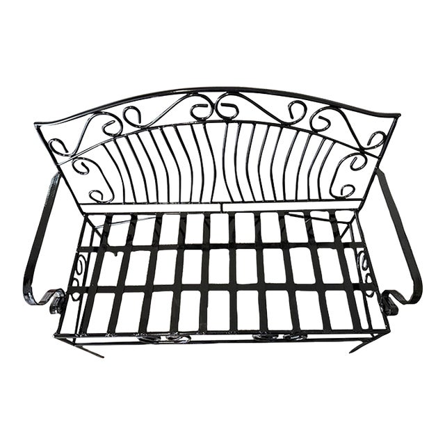 Vintage French Provincial Style Wrought Iron Garden Bench in Glossy Black For Sale