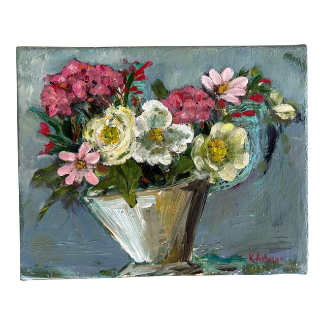 “Bloom Anyway”, Mixed Media Collage Flower Still Life Painting on Recycled Canvas by Artist Kristin Ashman. For Sale