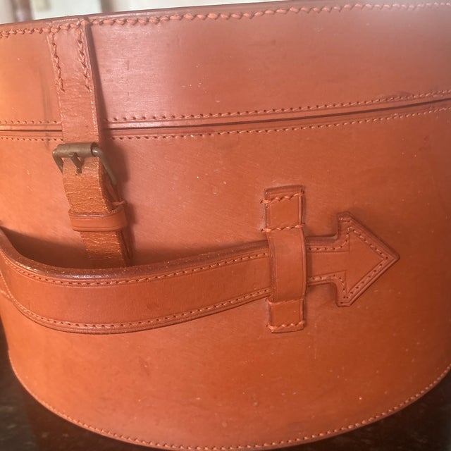 Traditional Cognac Leather Rounded Storage Container For Sale - Image 3 of 12