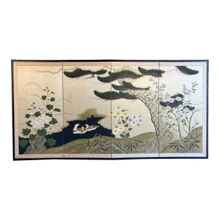 Large Mid 20th Century Chinese Mandarin Ducks, Pine Tree and Peonies Wall Folding Screen - Artist Signed For Sale