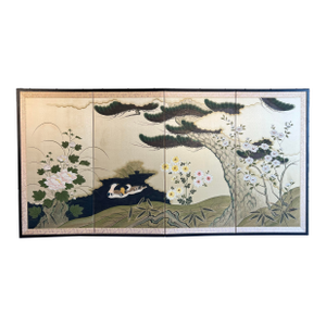 Large Mid 20th Century Chinese Mandarin Ducks, Pine Tree and Peonies Wall Folding Screen - Artist Signed