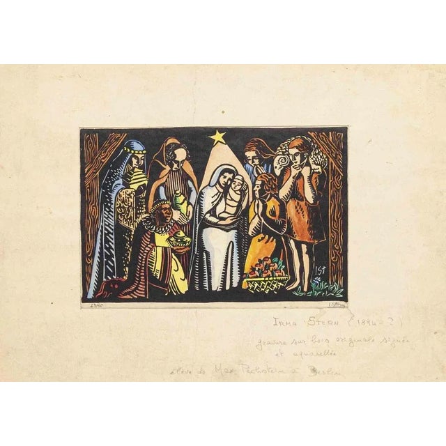 Woodcut print on paper realized by Irma Stern in the mid-20th Century. Hand watercolored. Hand signed and numbered in...