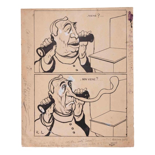 Gabriele Galantara, Coming/Not Coming, 1904, China Ink and Watercolor For Sale