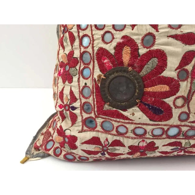 Metal 19th Century Rajasthani Silk Embroidered Mirrorwork Pillow With Birds and Flowers For Sale - Image 7 of 11