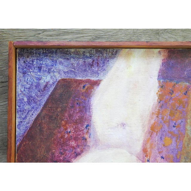 Late 20th century oil on canvas abstract nude painting in violets and purples. Signed Wymond on verso. Displayed in narrow...
