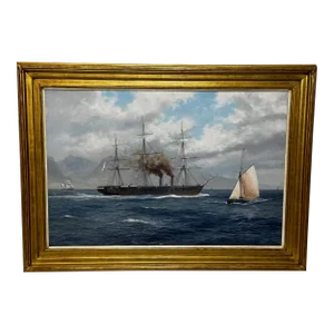 Large British Marine Seascape Oil Painting Hms Warrior First Ironclad Ship by John Steven Dews Circa 1983 Framed