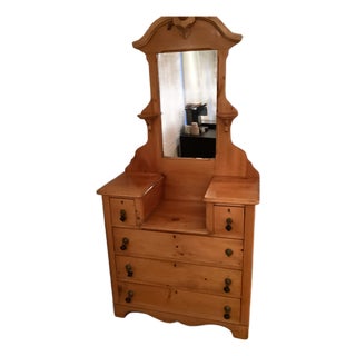 Vintage Pine Dresser With Mirror and Decorative Cre For Sale